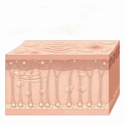 Scientific illustration showing the effects of aging on skin, with collagen and elastin fibers diminishing