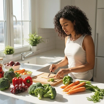 Person preparing a variety of healthy, colorful whole foods for a holistic diet meal plan