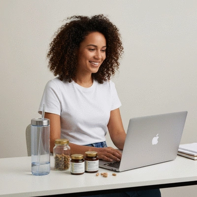 Person promoting wellness products on a laptop with health supplements on a desk