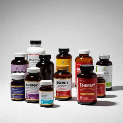 Assortment of energy supplement bottles on a clean background