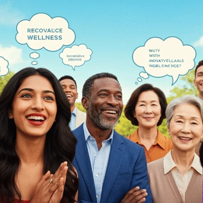 Diverse group of people sharing positive testimonials about wellness products