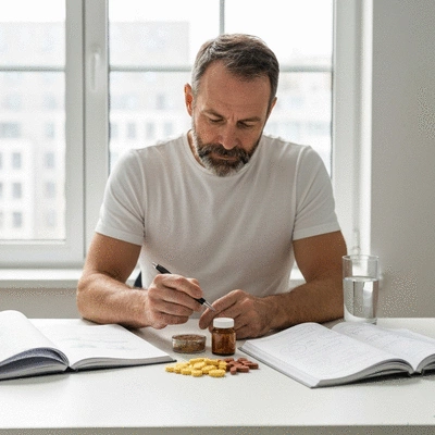 Person evaluating weight loss product ingredients on a clean white table, surrounded by health journals and a glass of water, no text, no words, no typography, 8K, high resolution