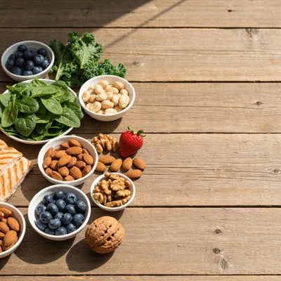 Variety of energy-boosting foods like leafy greens, nuts, berries, and lean proteins arranged aesthetically on a rustic wooden table