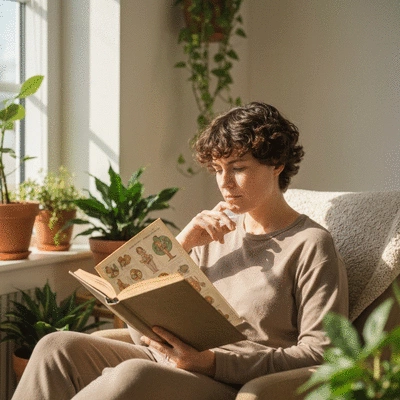 Person reading a book or tablet with health information, surrounded by symbols of knowledge and clarity