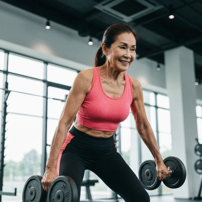Senior woman actively lifting weights in a gym, demonstrating strength training for anti-aging