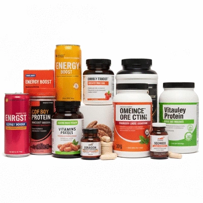 Assortment of energy-boost products like supplements, drinks, and snacks on a clean background