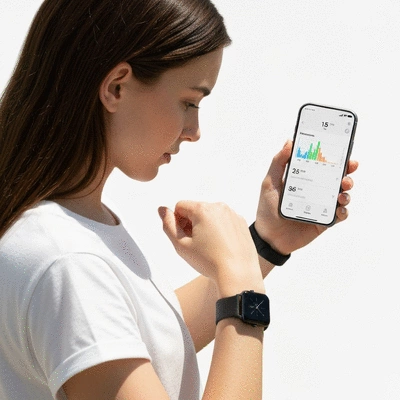 Person wearing a smartwatch and fitness band, showing health metrics on a phone app