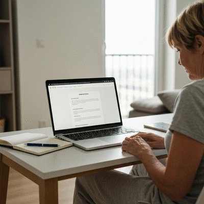 Person reading and comparing online reviews for weight loss products on a laptop, with a notebook and pen nearby for notes, no text, no words, no typography, 8K, high resolution