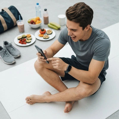 Person using a mobile health app to track progress, with healthy foods and exercise gear in the background