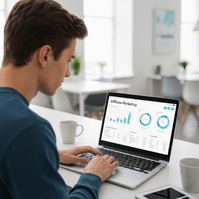 A person looking at an affiliate marketing dashboard on a laptop with charts and data