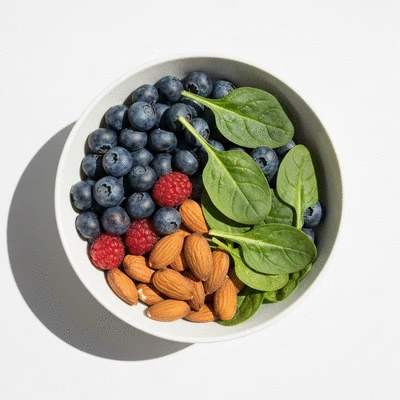 Bowl of healthy, nutrient-rich food on a clean white background