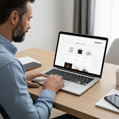 Person interacting with an optimized e-commerce website on a laptop, showing clear navigation and product categories