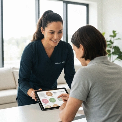 A wellness coach guiding a client through a personalized health plan on a digital tablet, in a bright, clean wellness center, no text, no words, no typography, clean image