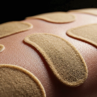 Close-up of LifeWave patches on skin, showing natural materials and light reflection, no text, no words, no typography, clean image