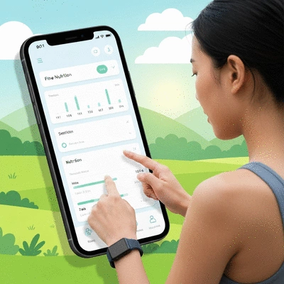 Person tracking fitness and nutrition on a mobile app, clean modern interface, vibrant