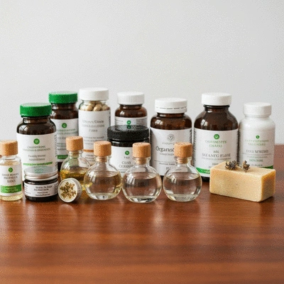 Assortment of holistic wellness products like supplements, essential oils, and natural skincare on a wooden surface with soft lighting