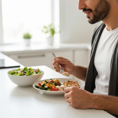 Person enjoying a healthy meal, balanced diet, vibrant colors, natural light