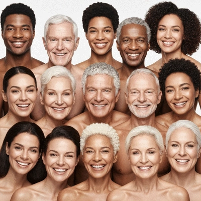 A diverse group of people of various ages, smiling and looking confident, representing the benefits of anti-aging and body renewal, with clear, healthy skin.