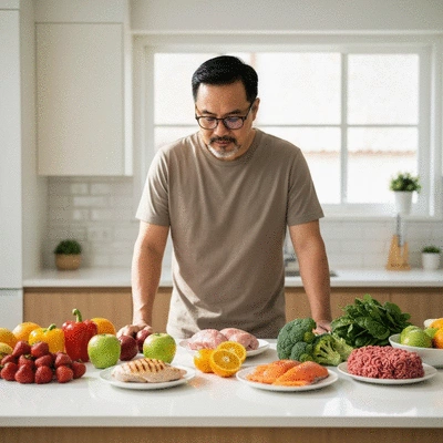 Person looking thoughtfully at a variety of healthy foods on a kitchen counter, symbolizing informed choices