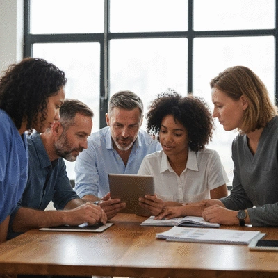A diverse group of wellness professionals collaboratively reviewing research on a tablet, in a bright, modern office setting, no text, no words, no typography, clean image