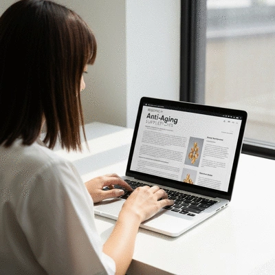 Person researching anti-aging supplements on a laptop, with a clean and modern setup