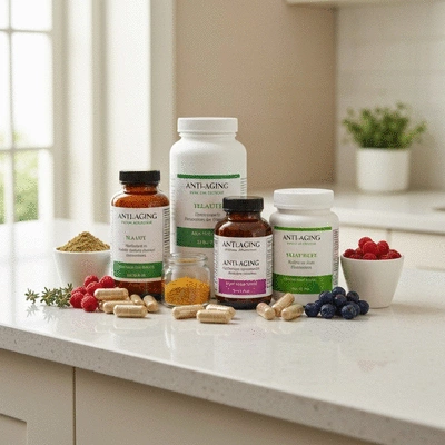 Assortment of anti-aging supplements and natural ingredients on a clean counter