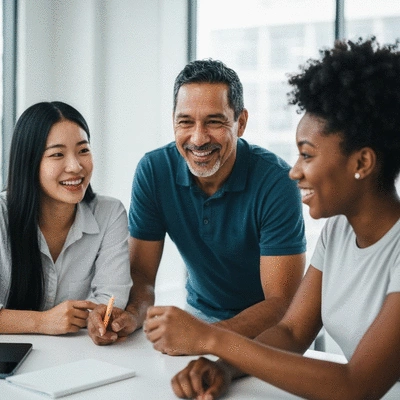 Diverse group of people smiling and collaborating in a modern office, representing success and community in the LifeWave Brand Partner Program