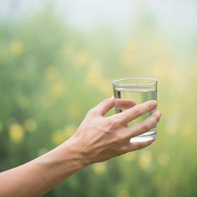 Person holding a glass of water and a probiotic supplement, focus on healthy gut