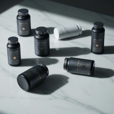 Assortment of anti-aging supplements in elegant packaging