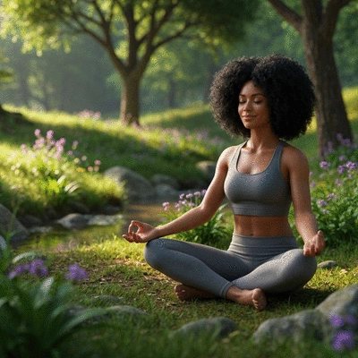 Woman meditating peacefully outdoors, surrounded by nature, in a serene pose, highlighting mental clarity and stress reduction. no text, no words, no typography, no labels, clean image.