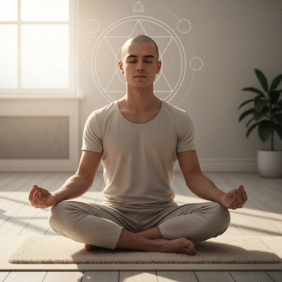 Person meditating in a peaceful environment with subtle sacred geometry patterns in the background