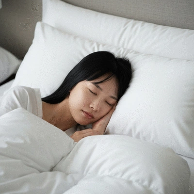 Woman sleeping peacefully in a comfortable bed, subtle light, no text, no words, no typography, clean image