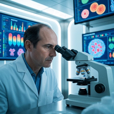 Scientist looking through a microscope in a clean lab with nutrition data on screens