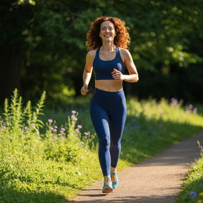 Woman enjoying a morning run in a park, feeling energized and vibrant, with natural sunlight. no text, no words, no typography, no labels, clean image.