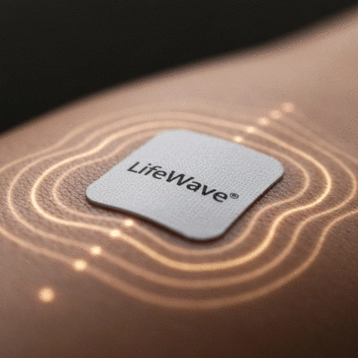 LifeWave patch on skin emitting light waves, showing cellular stimulation
