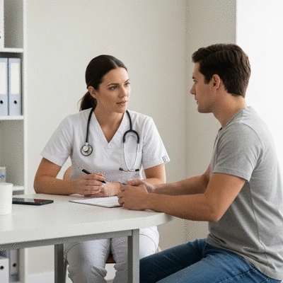 Person consulting with a healthcare professional about intermittent fasting, clean clinic environment, no text, no words, no typography, clean image