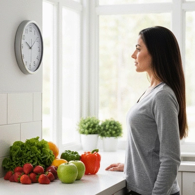Person looking at a clock, representing time-restricted eating, with healthy foods in the background, no text, no words, no typography, clean image