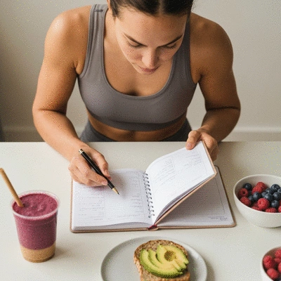 Person evaluating their progress with a wellness journal and healthy food