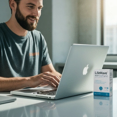 Person using a laptop with wellness product packaging nearby, representing the LifeWave Brand Partner Program