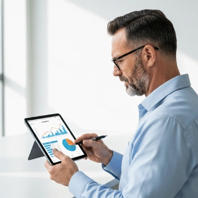 Person reviewing wellness progress on a tablet with charts and graphs
