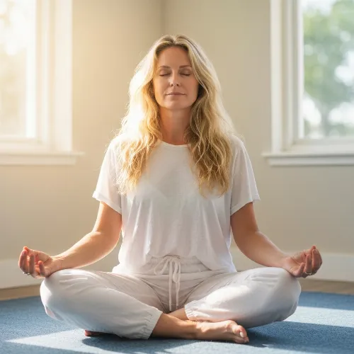 Person meditating in a serene, energetic environment